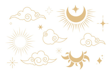 Fototapeta premium Celestial set witch spiritual decoration with asian clouds moon, sun burst and stars. line astrology pattern, minimal geometric background.