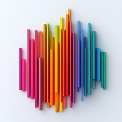 A vibrant arrangement of colored rods creates a visually striking pattern reminiscent of sound waves or a colorful spectrum.