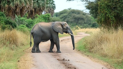 Obraz premium Elephant on dirt road in savannah landscape with trees