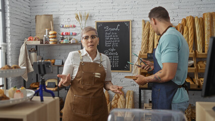 Woman and man working in a bakery shop, wearing aprons, surrounded by various pastries and breads, with a chalkboard menu in the background, indoor setting