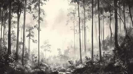  Ink rendering of serene forest, with layered trees, bark texture, and leaves detailed using sharp, deliberate lines, creating depth and tranquility.