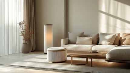 Fototapeta premium Modern cylindrical air purifier glowing softly in a minimalist living room, blending with neutral furniture and decor for seamless style.
