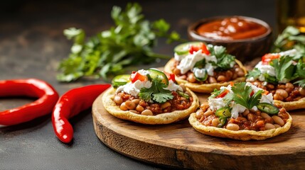 Delicious homemade tostadas with beans, toppings and fresh ingredients on wooden board