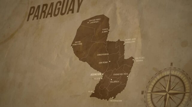 Vintage Map of PARAGUAY with states Borders and Major Cities Positions