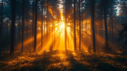Obraz premium Misty Morning Sunlight Filtering Through Pine Forest Casting Soft Shadows on Dewy Ground