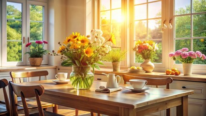 Fototapeta premium Sunlit Kitchen Table, Wooden Table Setting, Floral Vase, Morning Light, High Depth of Field Photography