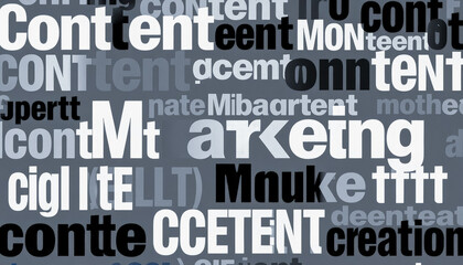 A creative text cloud featuring words like "content" and "marketing" in varying fonts on a gray background, symbolizing digital media and marketing.