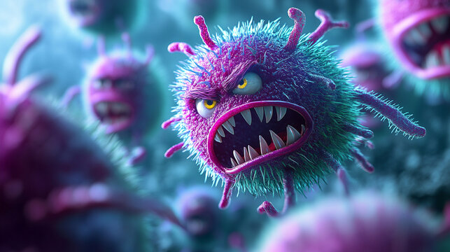 Fierce ai-generated cartoonlike bacteria on the attack microscopic world digital art vibrant environment close-up perspective