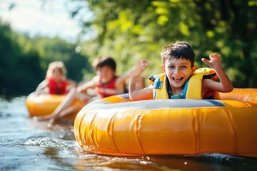 Obraz premium Kids on inflatable floats racing each other capturing excitement and healthy competition