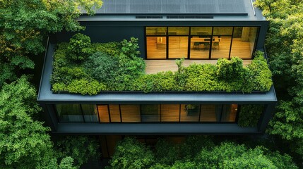 Eco-friendly modern house with green roof and terrace.