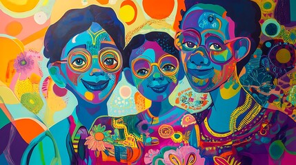 A playful and colorful representation of a family unit, emphasizing the bond between parents and children through expressive and friendly artwork. 