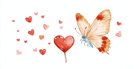 whimsical watercolor illustration of butterfly and hearts, evoking love and joy
