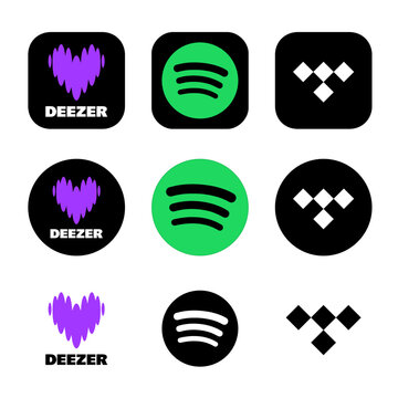 Deezer, Spotify and Tidal music app icons. Music streaming service	