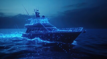Fototapeta premium Futuristic Yacht Sailing in Neon Blue Waters at Night