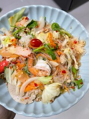 thai spicy salad. Glass Noodle, Spicy Salad (Yum Woon Sen). Cuisine Thailand style on top view.