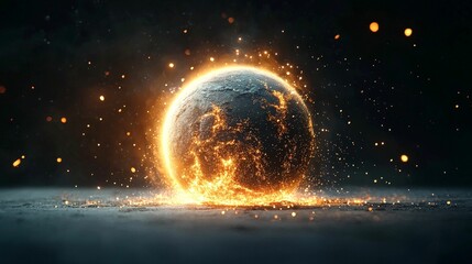 Obraz premium apocalypse and global crisis concept. Glowing sphere surrounded by bright particles on a dark background.