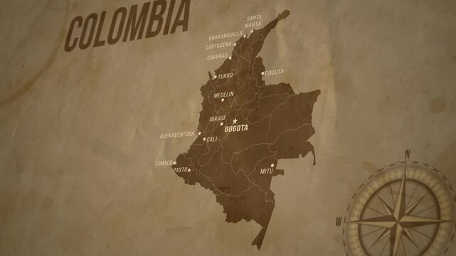 Vintage Map of COLOMBIA with states Borders and Major Cities Positions