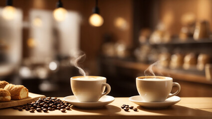 Fototapeta premium Two steaming coffee cups on a counter, with coffee beans and pastries. A cafe setting.