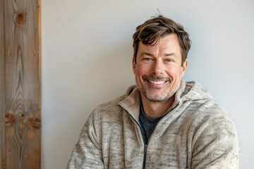 Obraz premium Portrait of a cheerful caucasian man in his 40s dressed in a comfy fleece pullover over light wood minimalistic setup