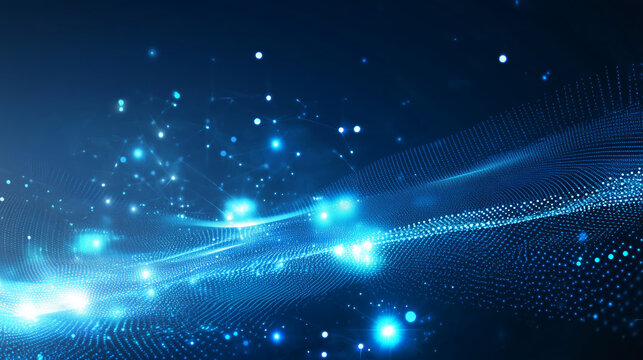 "Blue glowing abstract waves with light particles"
