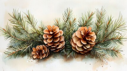 Rustic Watercolor Pine Needles and Cones on White Background with Copy Space