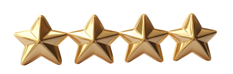 Five star rating review icon, golden 5 stars in a row, isolated on white transparent background, png element