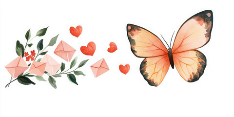 whimsical watercolor illustration featuring butterfly, hearts, and envelopes, evoking sense of love and joy