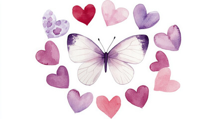 whimsical watercolor illustration of butterfly surrounded by hearts, evoking sense of love and beauty