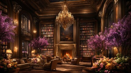 Obraz premium Luxurious Library with Fireplace and Floral Arrangements