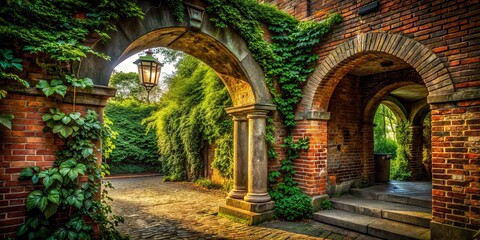 Fototapeta premium Majestic Brick Column Entrance Archway: Wide-Angle Photography of Architectural Support Structure