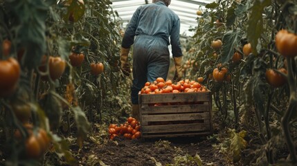Farmer Harvesting Fresh Tomatoes in Greenhouse on Sunny Day
