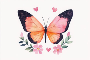 Obraz premium whimsical watercolor illustration of butterfly surrounded by flowers and hearts, evoking sense of joy and beauty