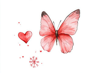 whimsical watercolor illustration of butterfly with hearts and snowflakes, evoking sense of joy and wonder