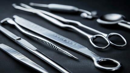 Shiny metallic surgical instruments on dark surface.