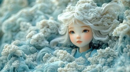 Fototapeta premium Porcelain doll with white hair emerges from a swirling, blue, cloud-like substance.