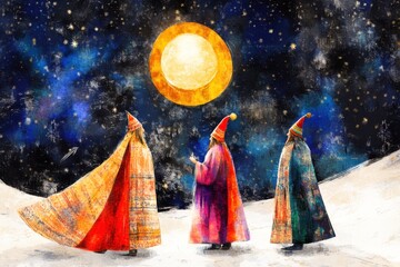 Generative AI Online Banner Poster for Three Kings Day Celebration Mystical Night Sky Cartoon Style
