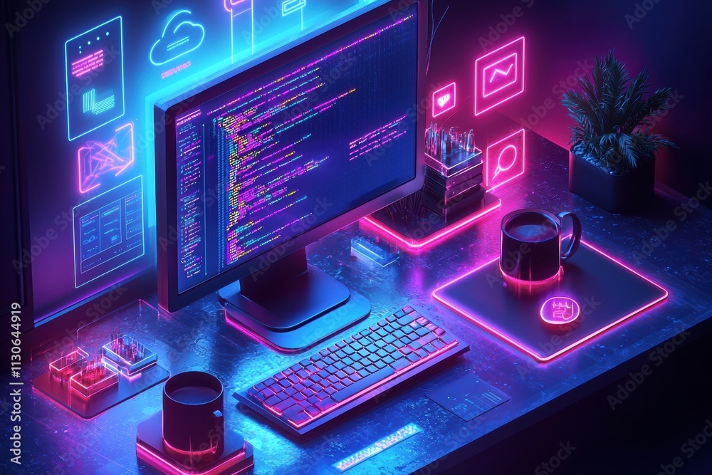 Poster futuristic workspace featuring computer code and digital interface technology
