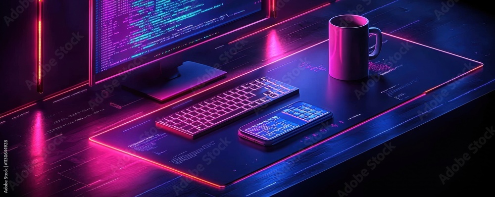 Poster futuristic digital workspace with code on monitor and tablet display