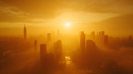Fototapeta premium A city skyline at sunset, enveloped in mist, showcasing urban beauty and tranquility.