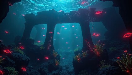 Glowing black underwater ruins with bright neon fish darting around, glowing algae floating. Black Wallpaper, Cool Wallpaper