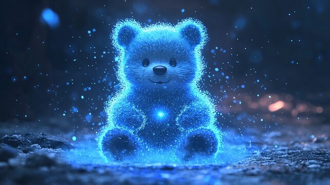 Glowing blue teddy bear sits in mystical light.