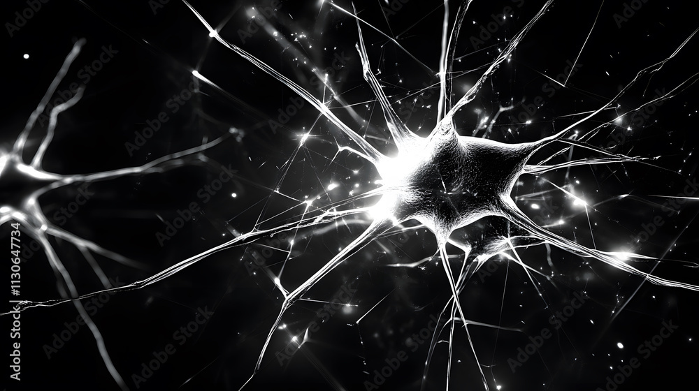 Poster A striking black-and-white image of neurons, showcasing their intricate, branching structures against a dark background