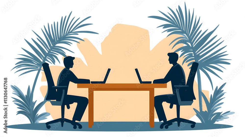Poster two individuals work at a desk with laptops, surrounded by palm leaves, creating a serene office atm