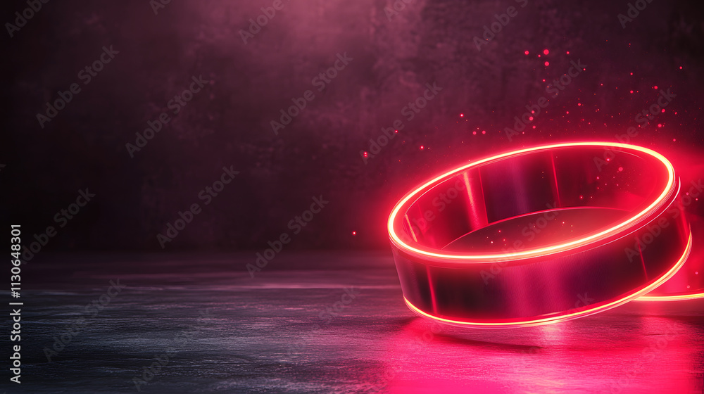 Poster a glowing red ring rests on a dark, reflective surface, creating a vibrant contrast against a moody 