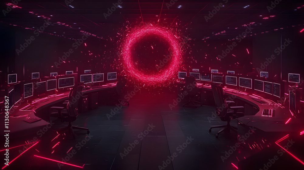 Poster A futuristic control room with glowing red lights and a central circular portal surrounded by computer stations