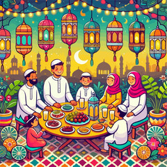 Obraz premium the family enjoys fasting month dishes