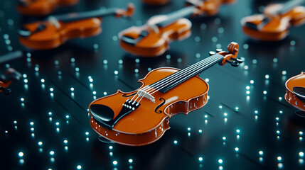 Fototapeta premium A close-up view of beautifully crafted violins arranged on a glowing surface, emphasizing their elegance and craftsmanship