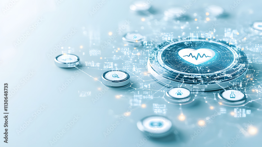 Poster The image depicts a digital health interface featuring a heart icon and interconnected icons, symbolizing technology and healthcare integration