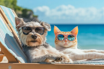 cat and a dog are sitting on a beach chair, both wearing sunglasses. Scene is lighthearted and fun, as the animals are dressed up and enjoying a day at the beach