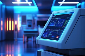 Fototapeta premium Futuristic hospital room with advanced medical monitor displaying vital signs.